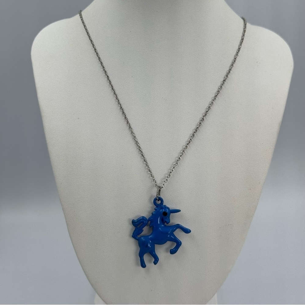 Blue Unicorn Enamel Necklace Silver Tone Chain Black Rhinestone Eye Mystical